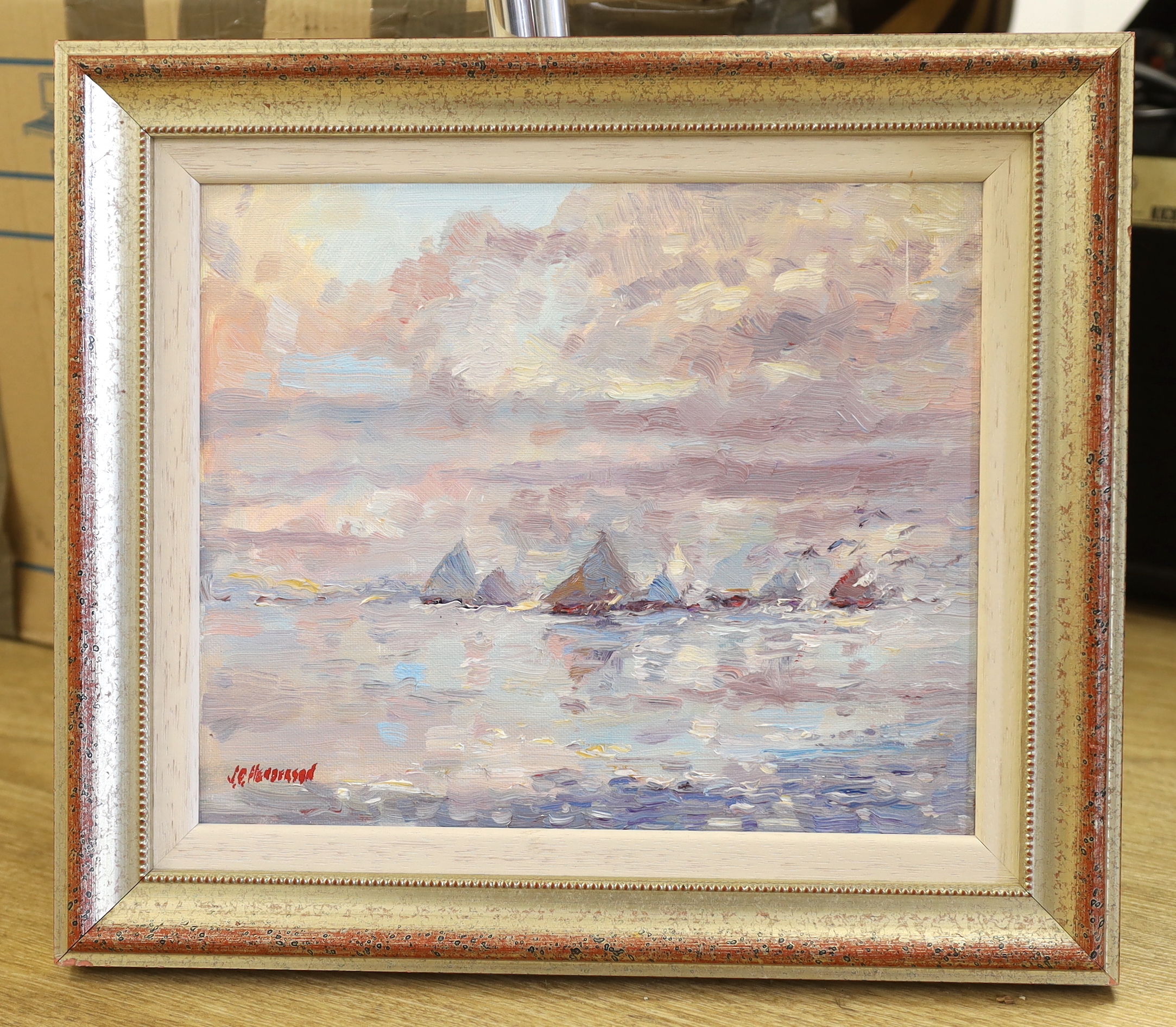 J.D. Henderson (Scottish, 20th. C), oil on card, 'Sails', signed, label verso, 25 x 30cm